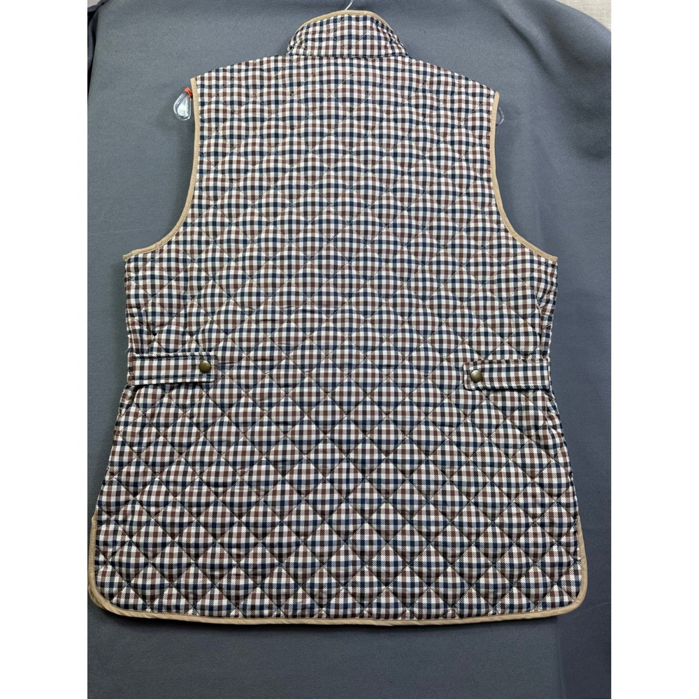 Lands' End Women Medium Quilted Primaloft Vest Brown Navy Check Plaid Snap Front - Picture 2 of 11
